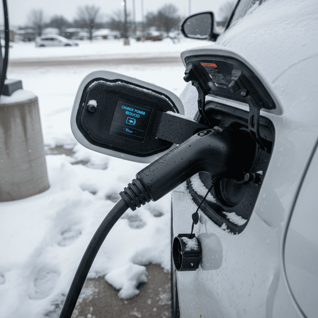 Electric vehicle at a DC fast charging station in winter with snow on the ground and reduced charging speed shown on the charger screen.
