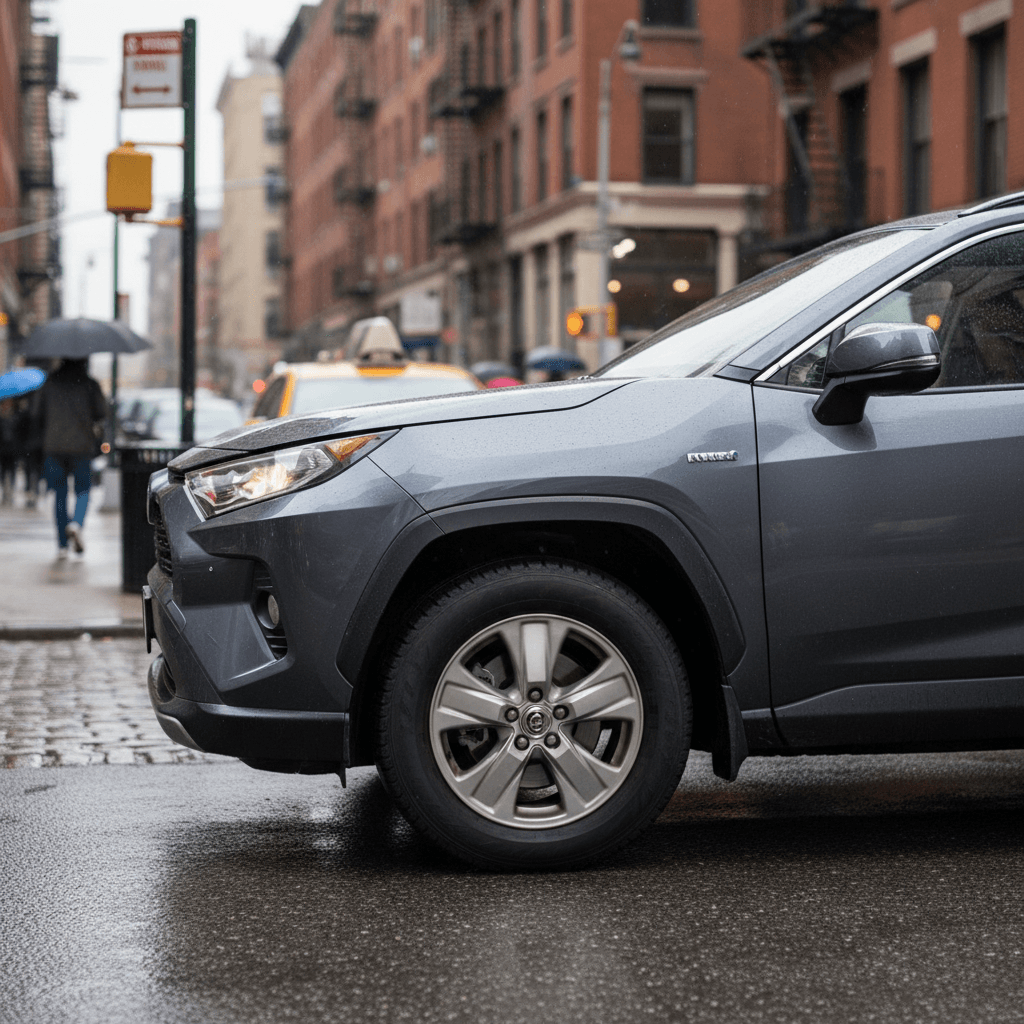 Modern compact sedan driving through a city street at dusk