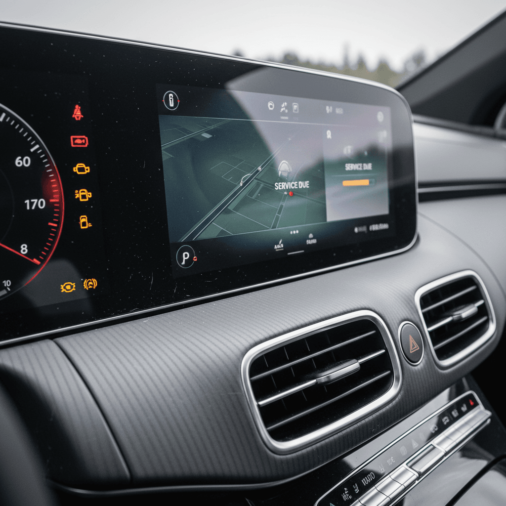 Mercedes EQS digital cockpit with multiple warning icons illuminated on the driver display