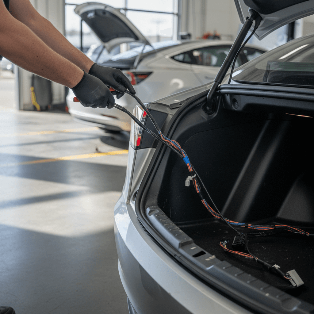 Technician inspecting 2020 Tesla Model 3 trunk wiring harness during recall service