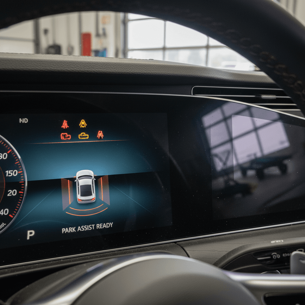 Mercedes EQS digital dashboard illuminated with multiple warning icons while the vehicle is stationary
