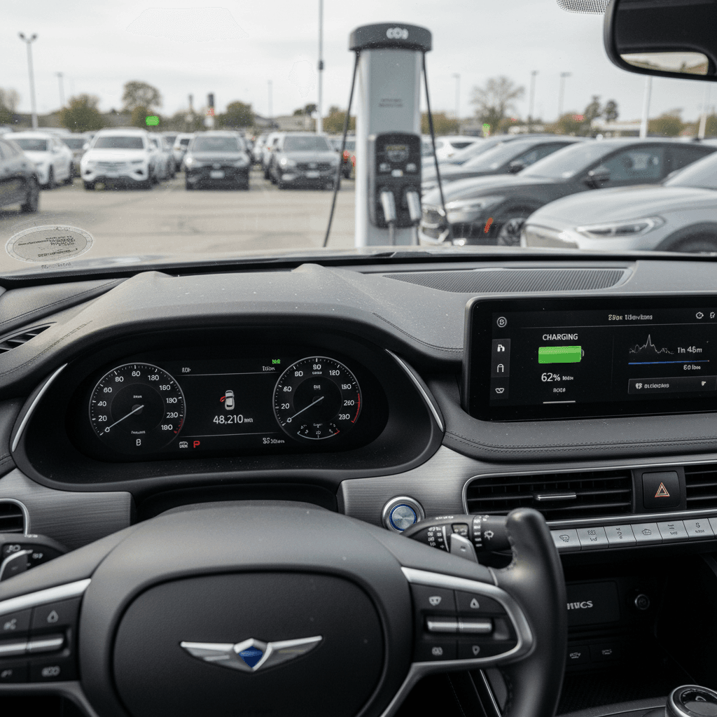 Used Genesis GV60 plugged in at a lot with instrument cluster showing battery percentage and range