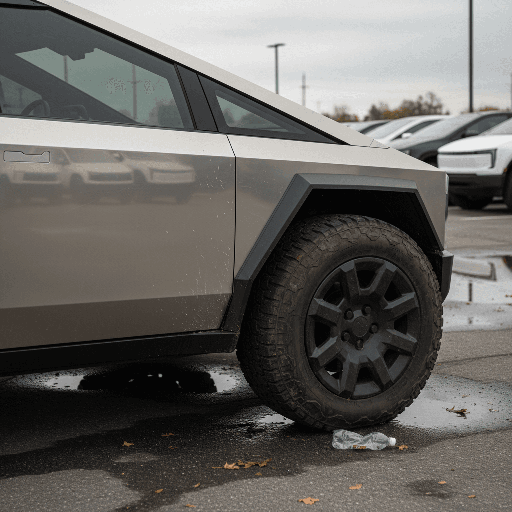 Used Tesla Cybertruck parked in a dealership lot among other electric pickup trucks