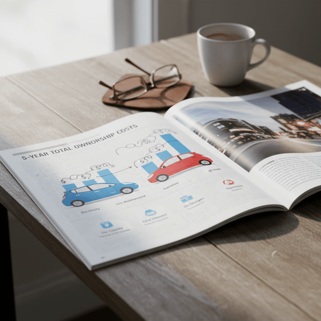 Side-by-side chart comparing five-year ownership costs for a used Nissan Leaf and a similar gasoline compact car