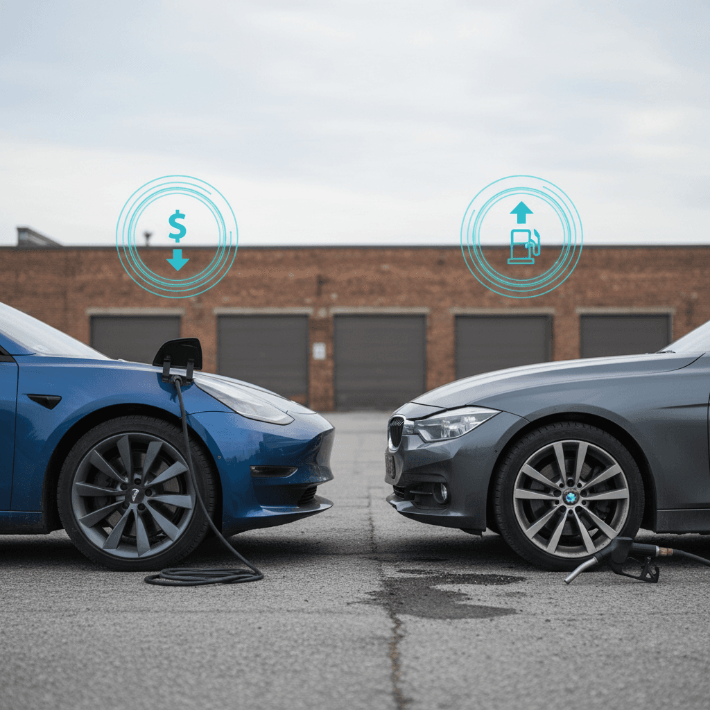 Illustration of a used electric car and a similar gas car side by side with icons for purchase price, fuel, maintenance, and depreciation