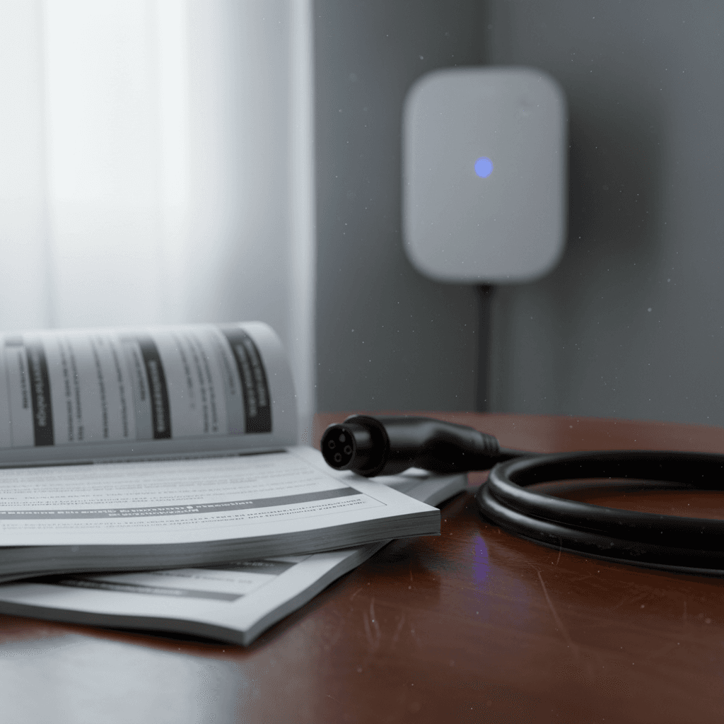 Insurance documents laid out next to an electric vehicle charging cable and wallbox charger on a table