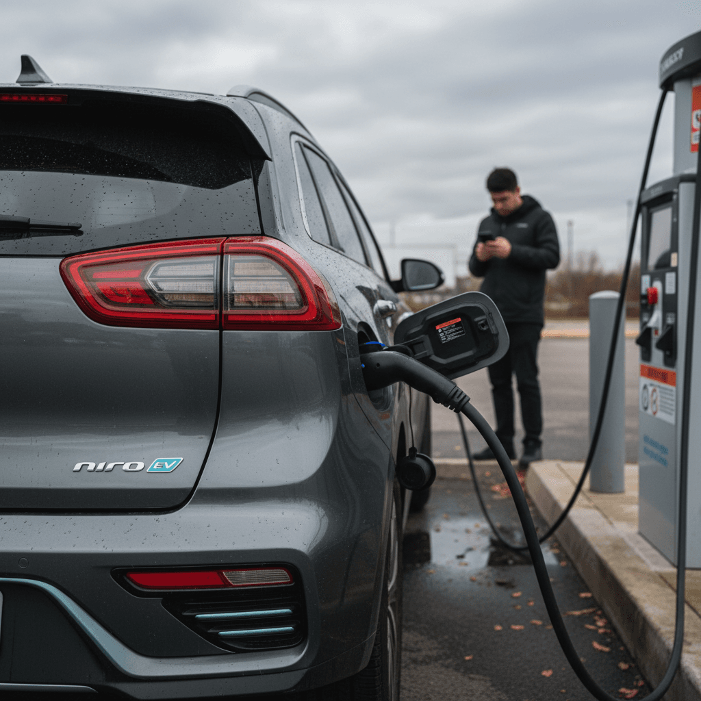 A driver fast-charging a 2023 Kia Niro EV at a public DC fast charger, showing the rear of the car and open charge port