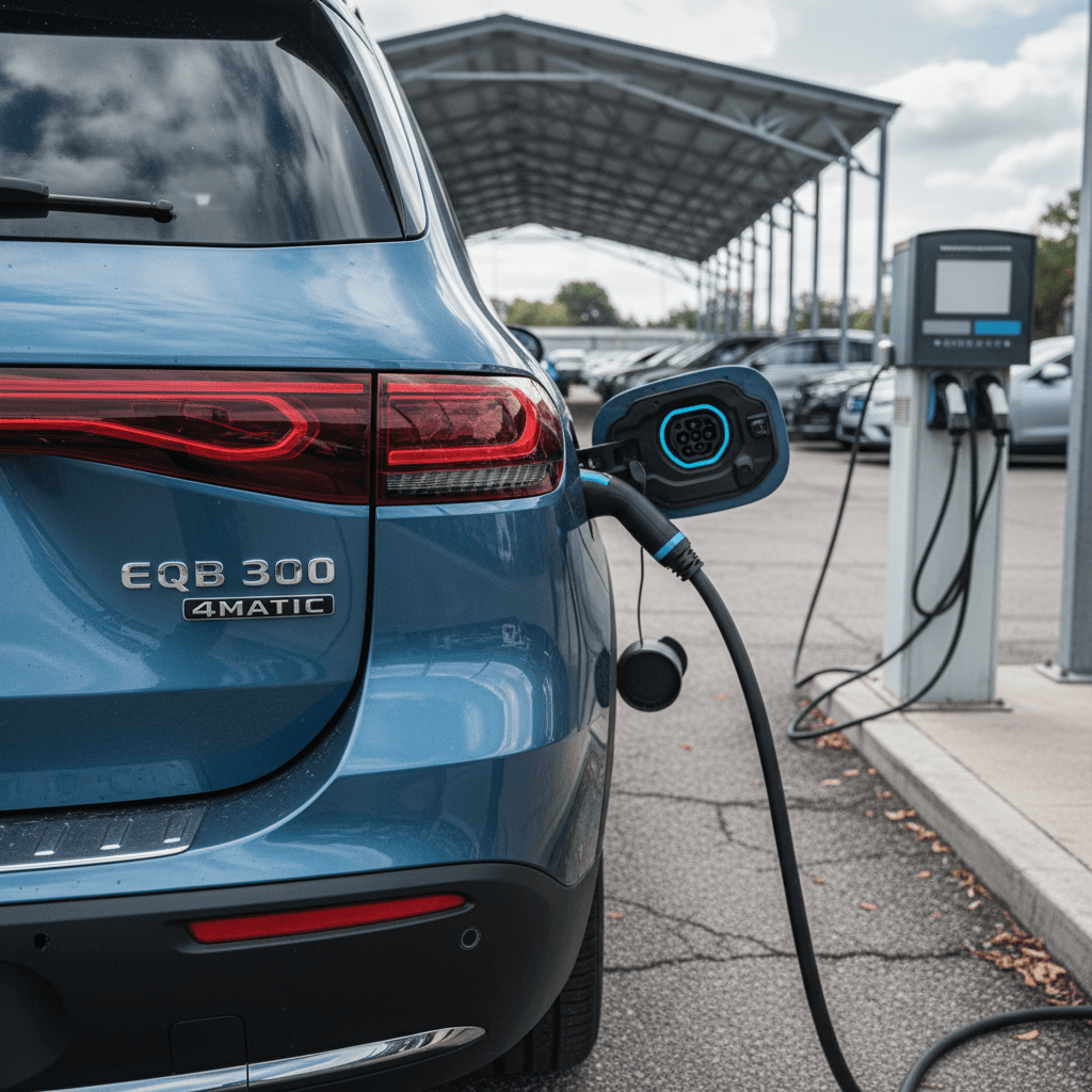 Close-up of a Mercedes EQB charging port and rear badging at a used EV dealership lot