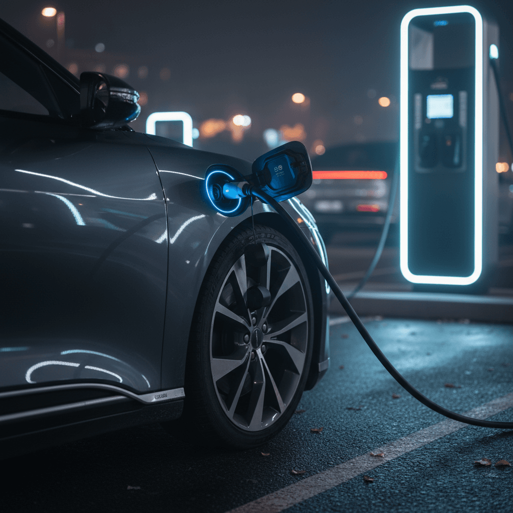 Lucid Air plugged into a DC fast charger at night, highlighting its long-range road-trip capability