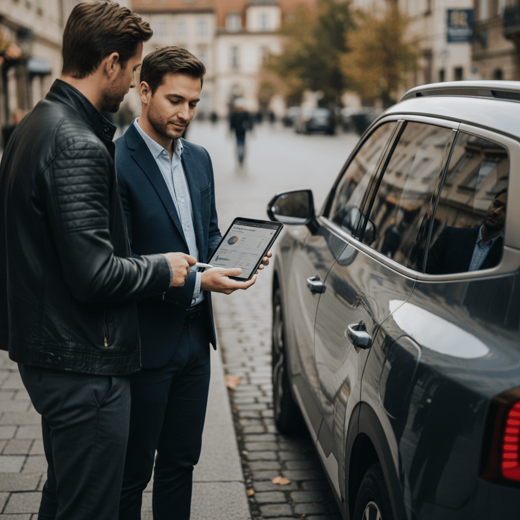 Insurance agent and Kia EV9 driver reviewing coverage options in a suburban setting