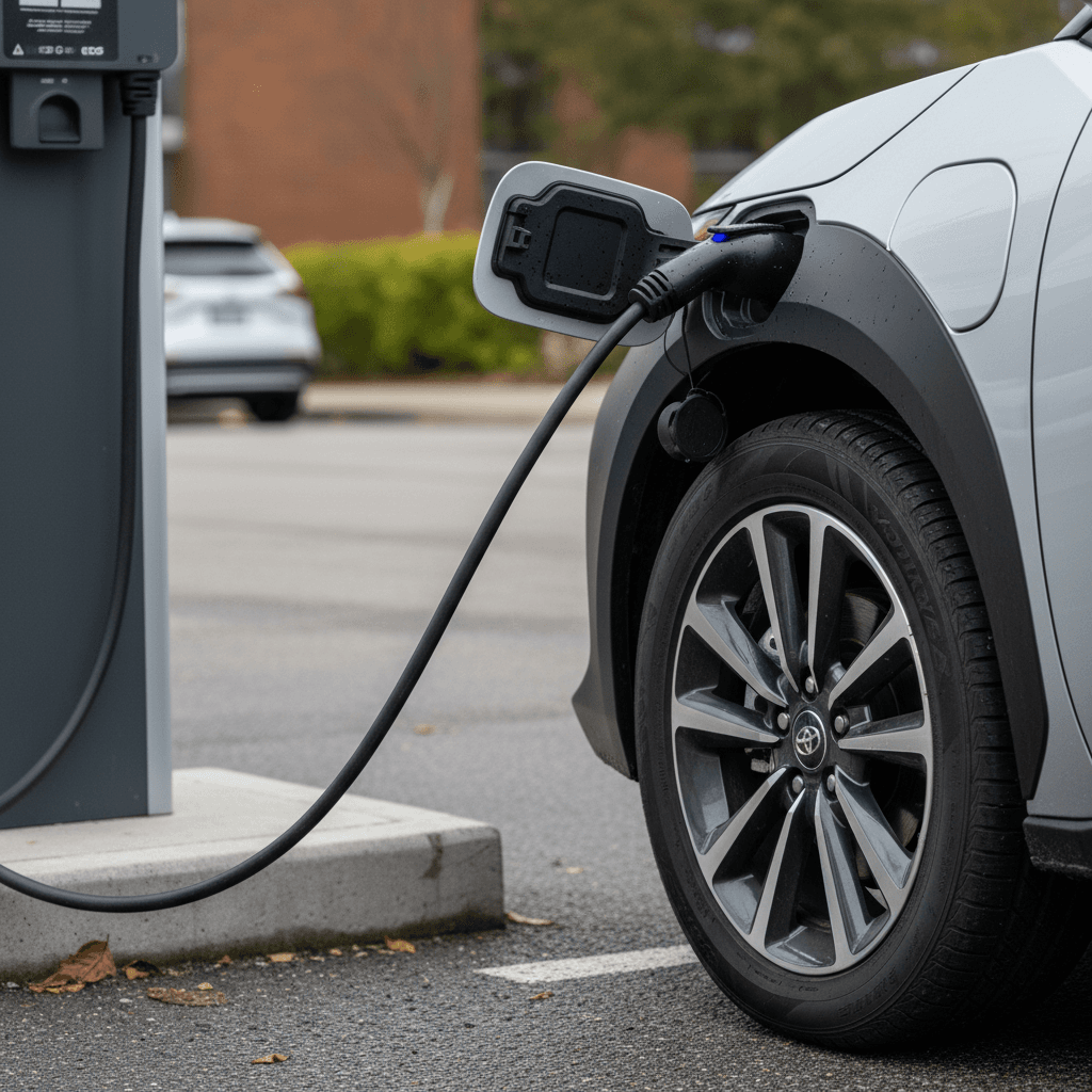 Toyota bZ4X plugged into a public DC fast charger, showing the charging port and wheel close-up