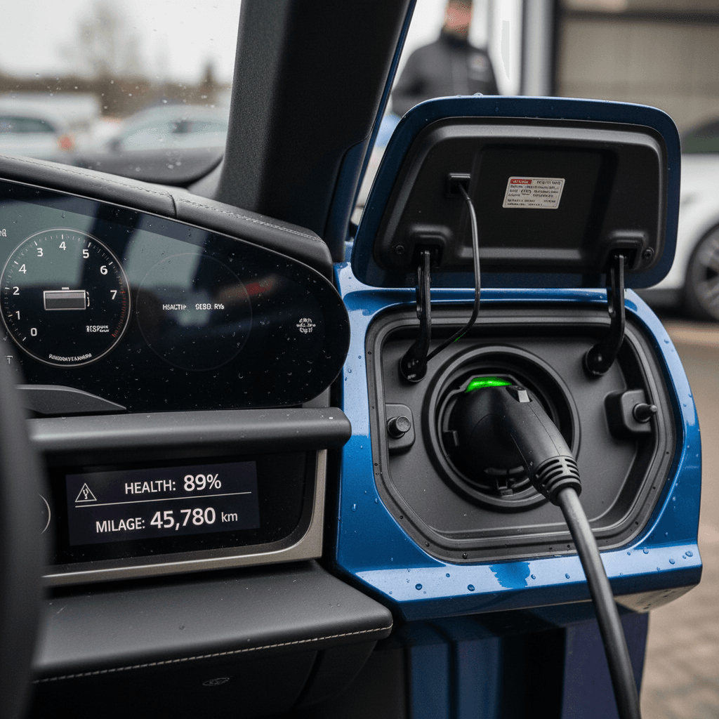 Porsche Taycan charging port and dashboard during trade-in appraisal, showing detailed battery health and mileage data on the screen