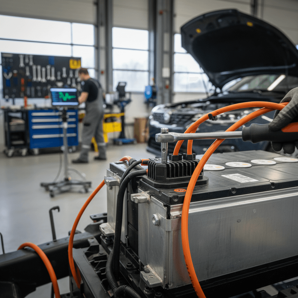 Technician working safely on the battery bay of an electric vehicle in a repair shop
