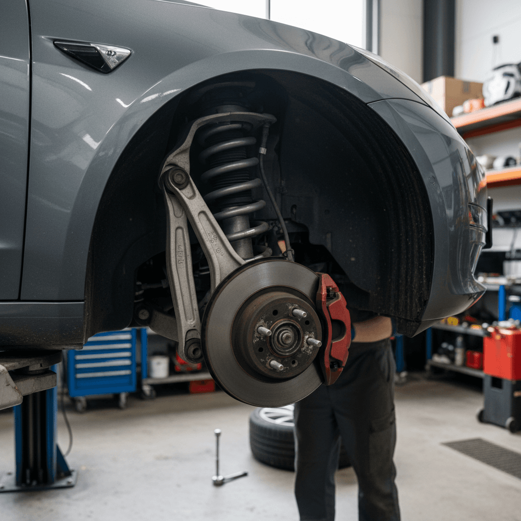 Technician inspecting front suspension and wheel area of a 2023 Tesla Model 3 on a lift