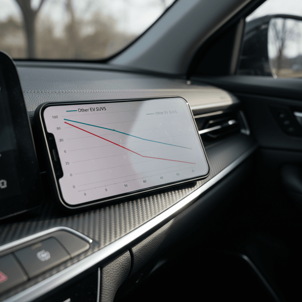 Illustrated depreciation curve showing Kia EV9 value dropping fastest in years one to three and flattening between years four and five, compared to similar electric SUVs