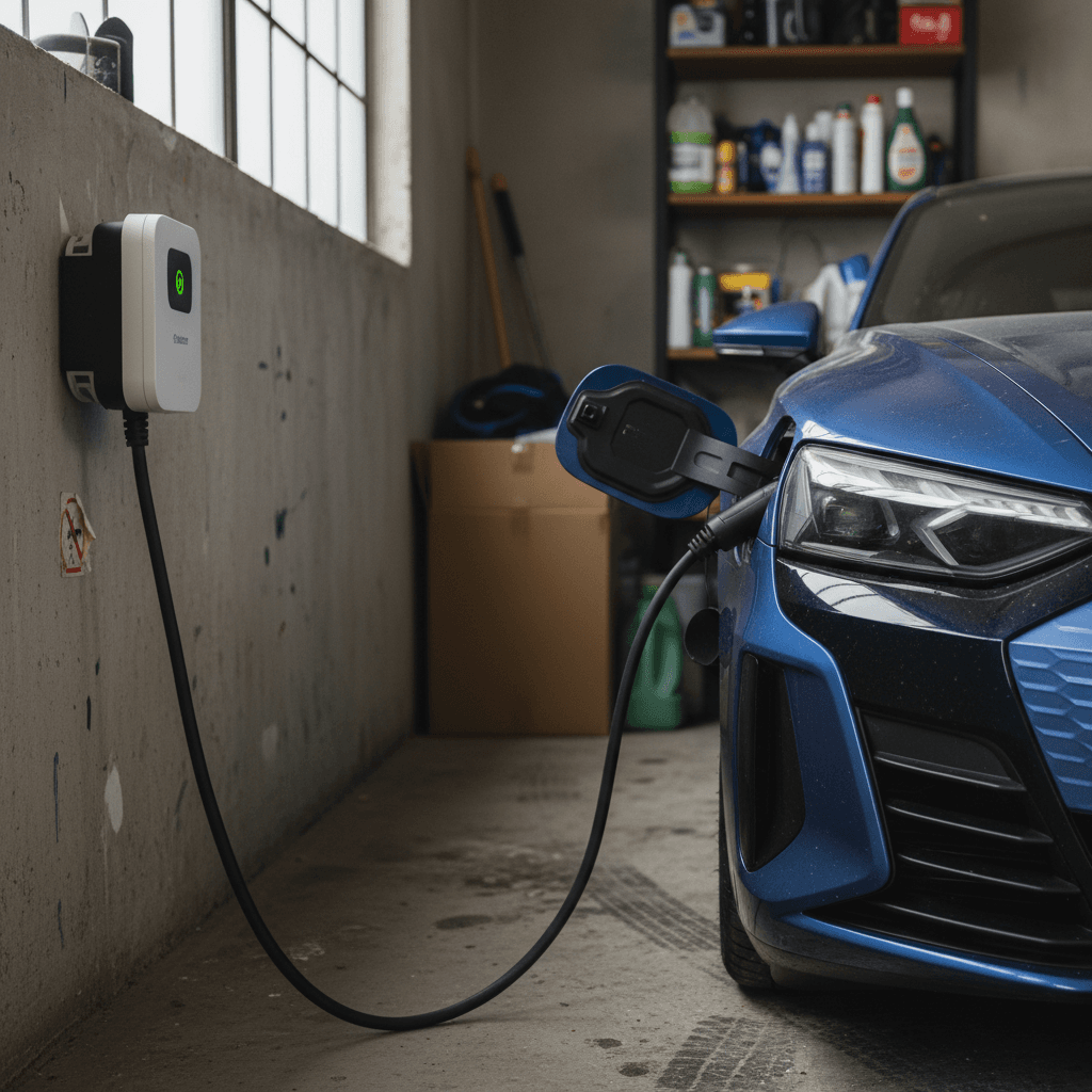 Audi e-tron GT charging at a home wallbox in a residential garage