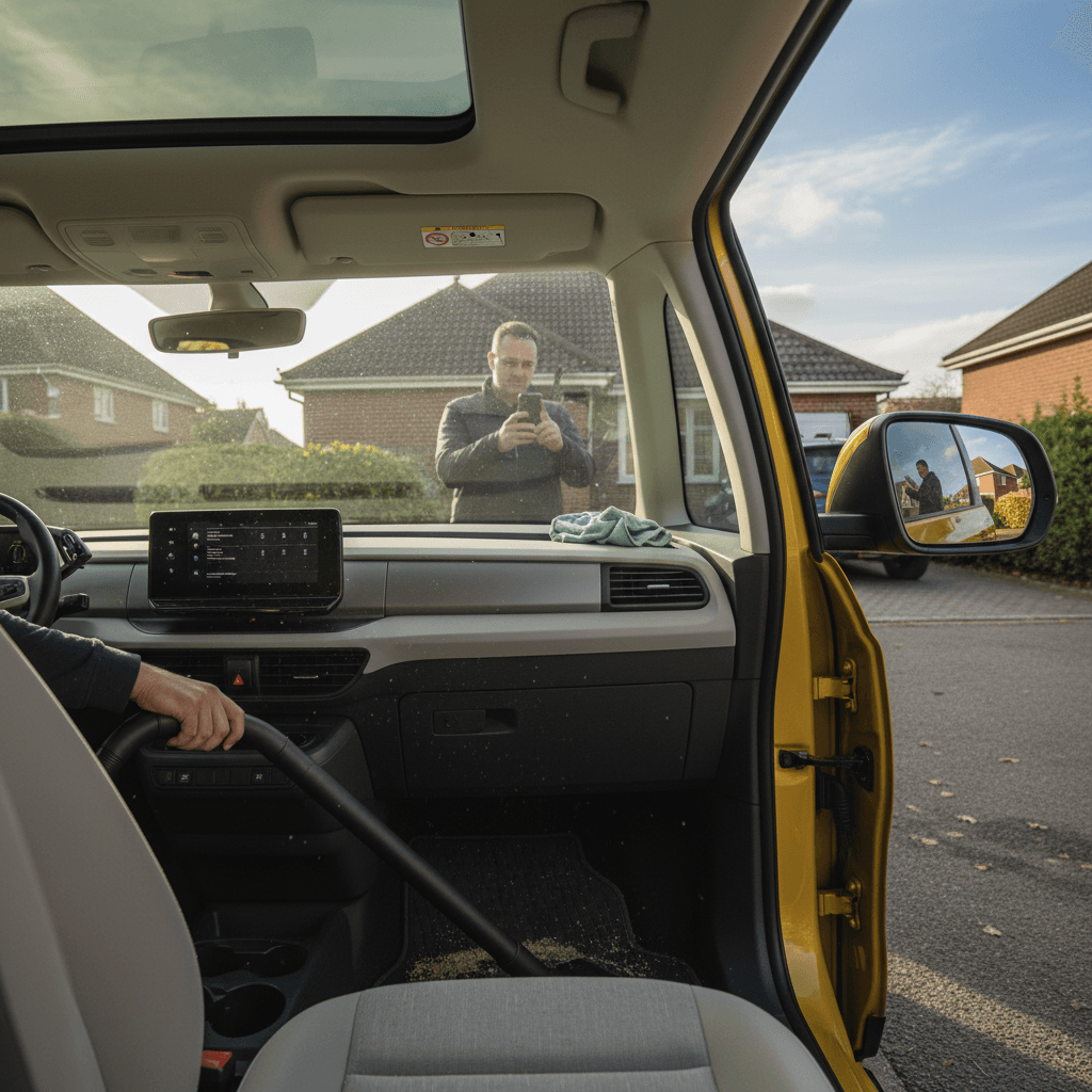 Owner cleaning and photographing a yellow Volkswagen ID. Buzz in a driveway before listing it for sale