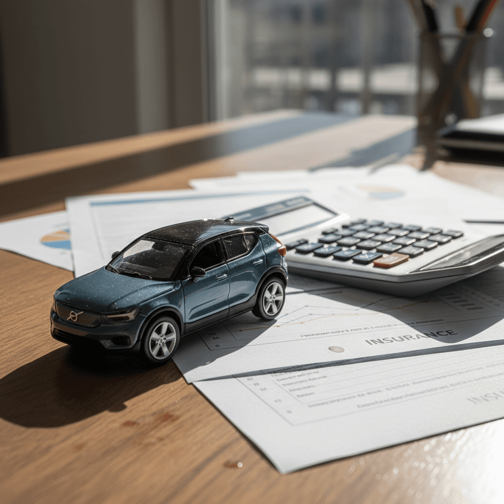 Insurance paperwork, calculator, and a small electric SUV model representing a Volvo EX30 on a desk