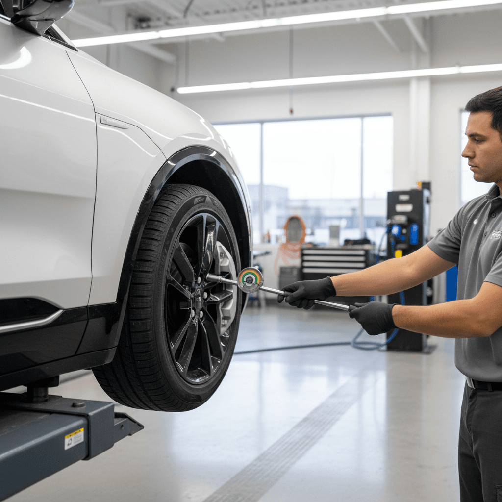 Service technician checking tire wear and brake components on a Cadillac Lyriq in a dealership bay