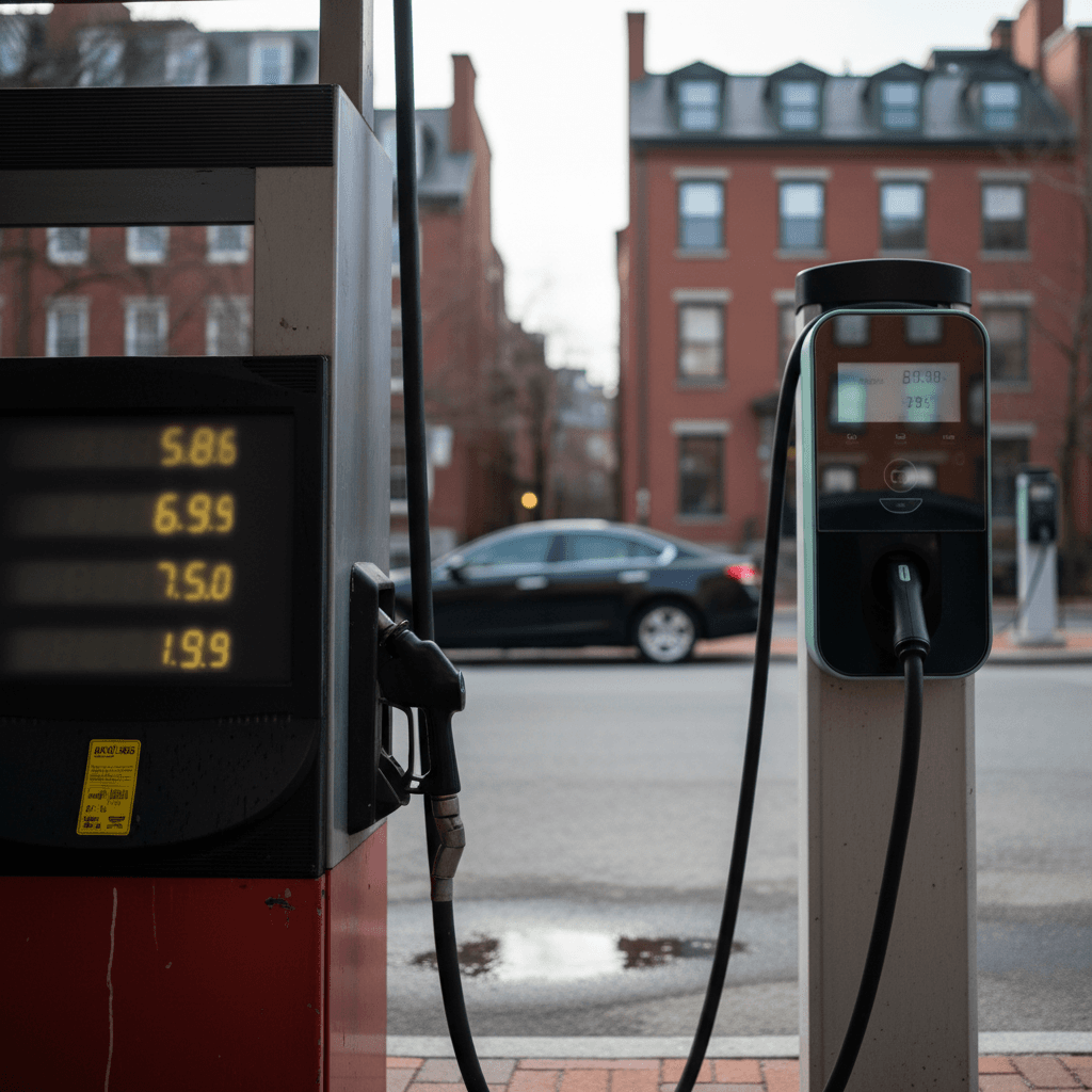 Side-by-side illustration comparing gasoline pump price per gallon to an EV charging station price per kilowatt-hour in a Boston setting