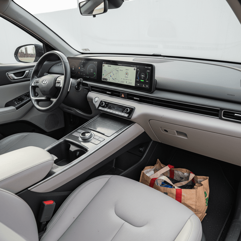 Spacious modern EV SUV interior with light upholstery, flat floor and large center screen