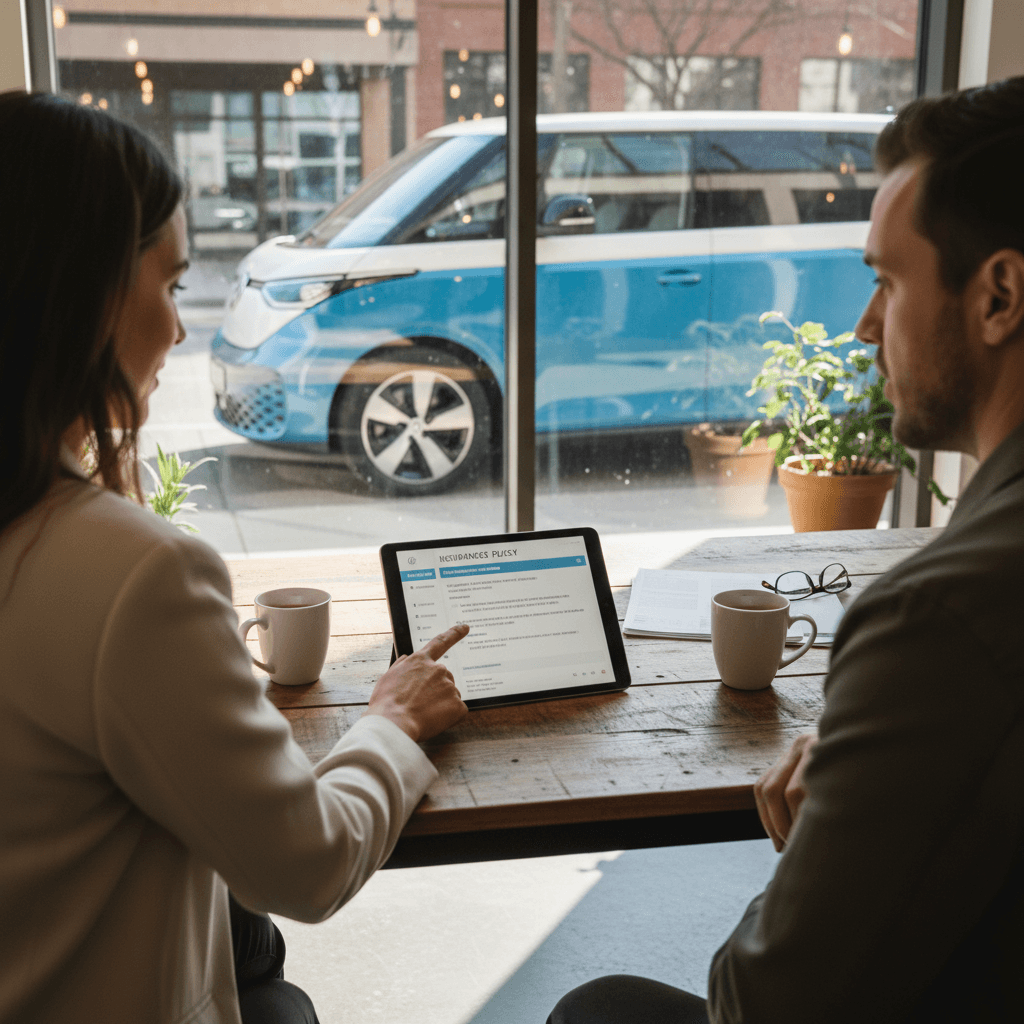Insurance agent discussing coverage options with a VW ID. Buzz owner while the electric van is visible outside the office window