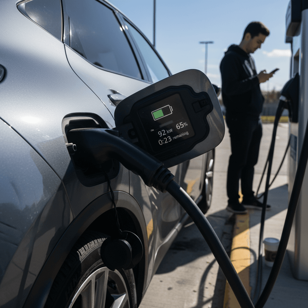 Driver charging a Lexus RZ at a DC fast charger while monitoring battery state of charge on the screen