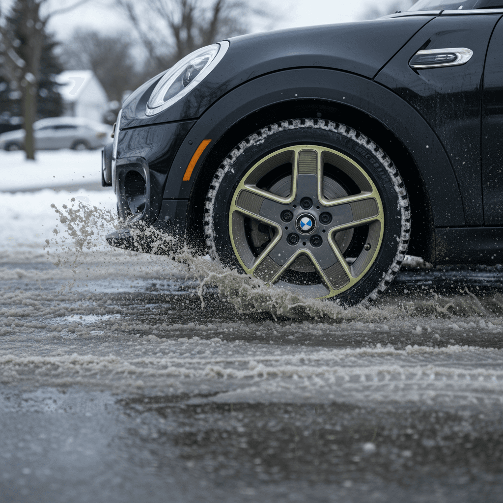 Mini Cooper SE front wheel with aggressive winter tire biting into slushy snow on a cleared city street