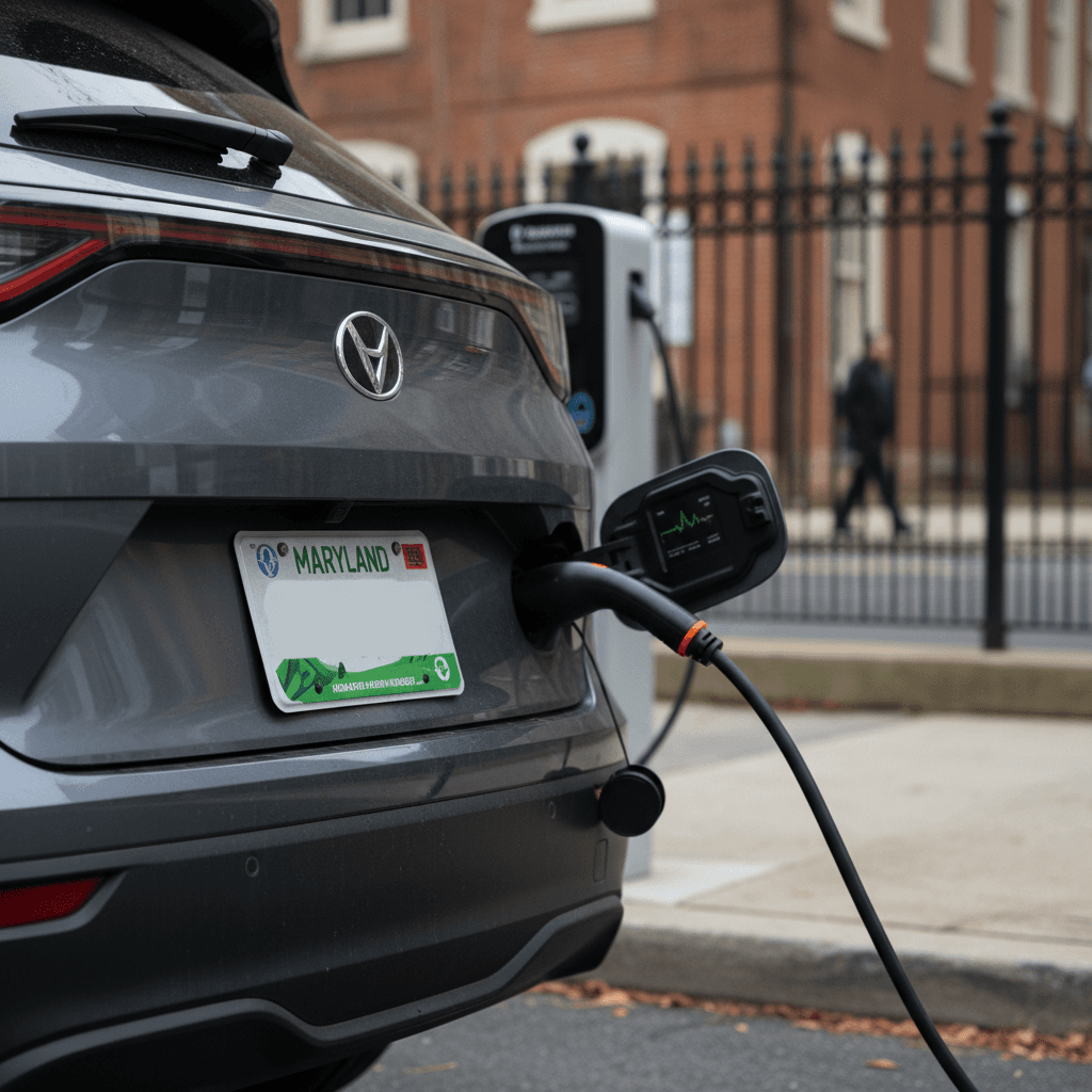 Electric vehicle with Maryland license plate plugged into a public charger in downtown Baltimore