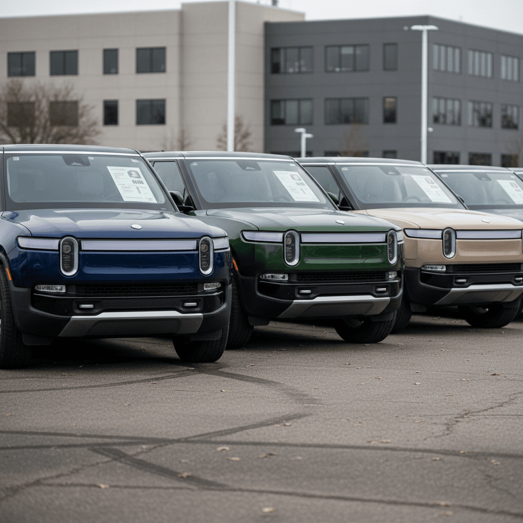 Lineup of used Rivian R1S SUVs on a dealer lot highlighting different price points