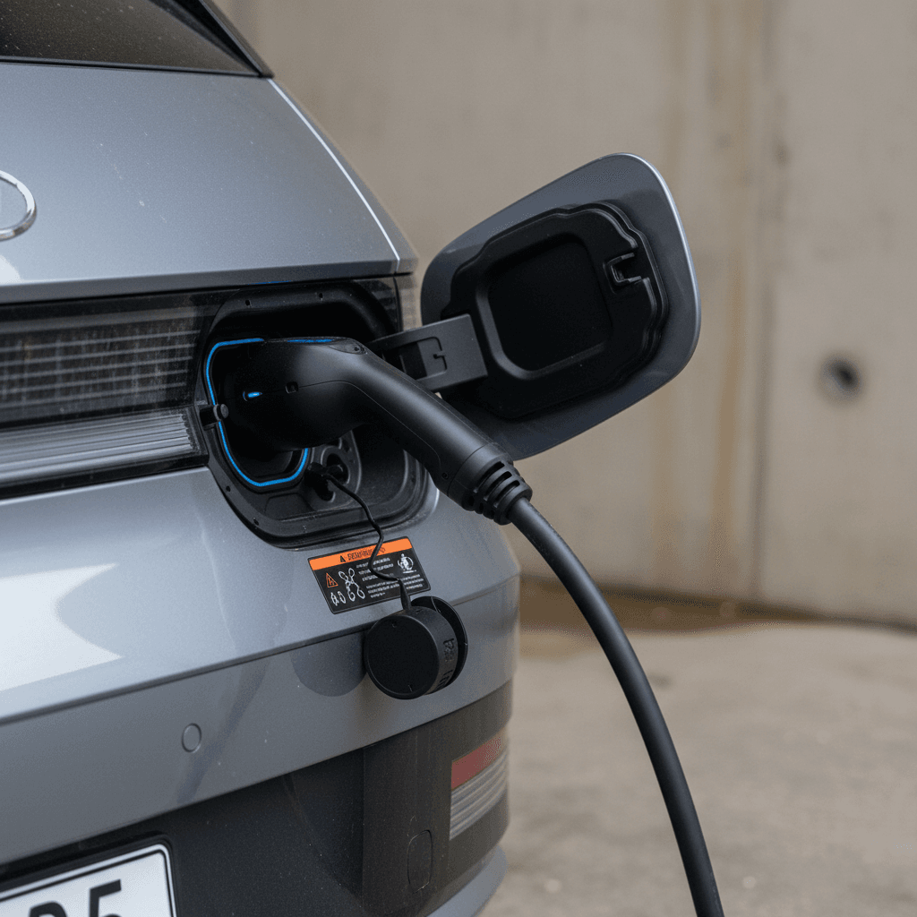 Close-up of a Mercedes EQS charging port and dashboard battery status showing high state of charge