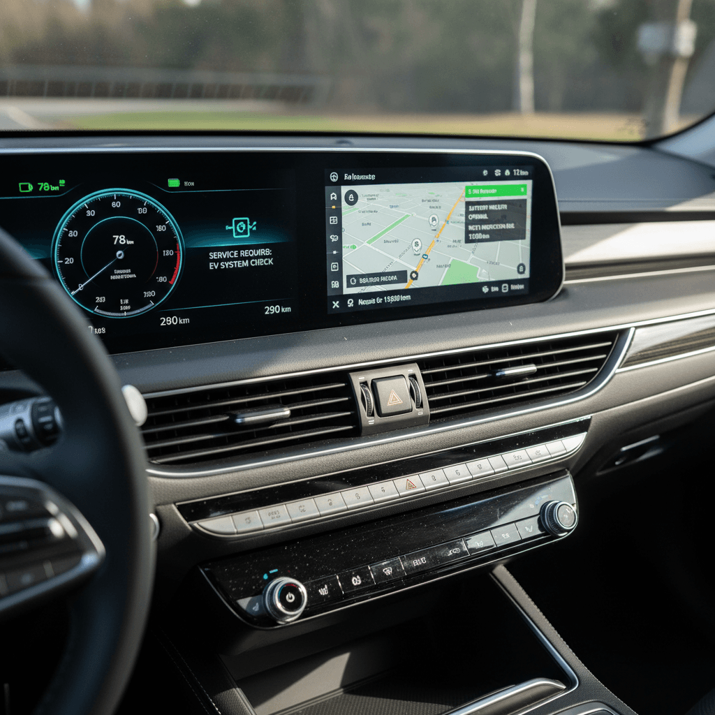Digital instrument cluster and center screen of a Genesis Electrified G80 displaying gauges and navigation
