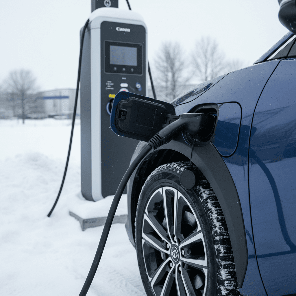 Toyota bZ4X charging at a fast charger in snowy conditions, highlighting winter range challenges