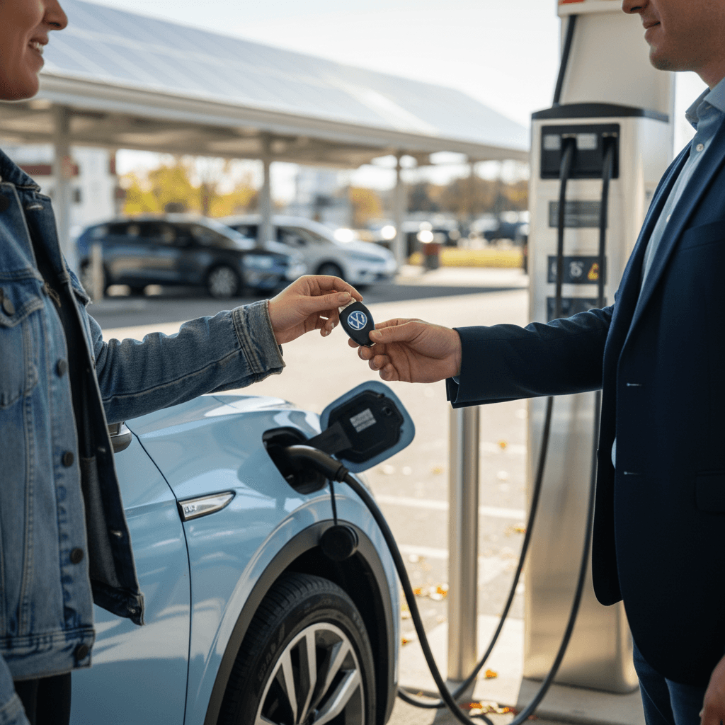 Volkswagen ID.4 owner meeting a buyer at a public charging station, reviewing details on a smartphone
