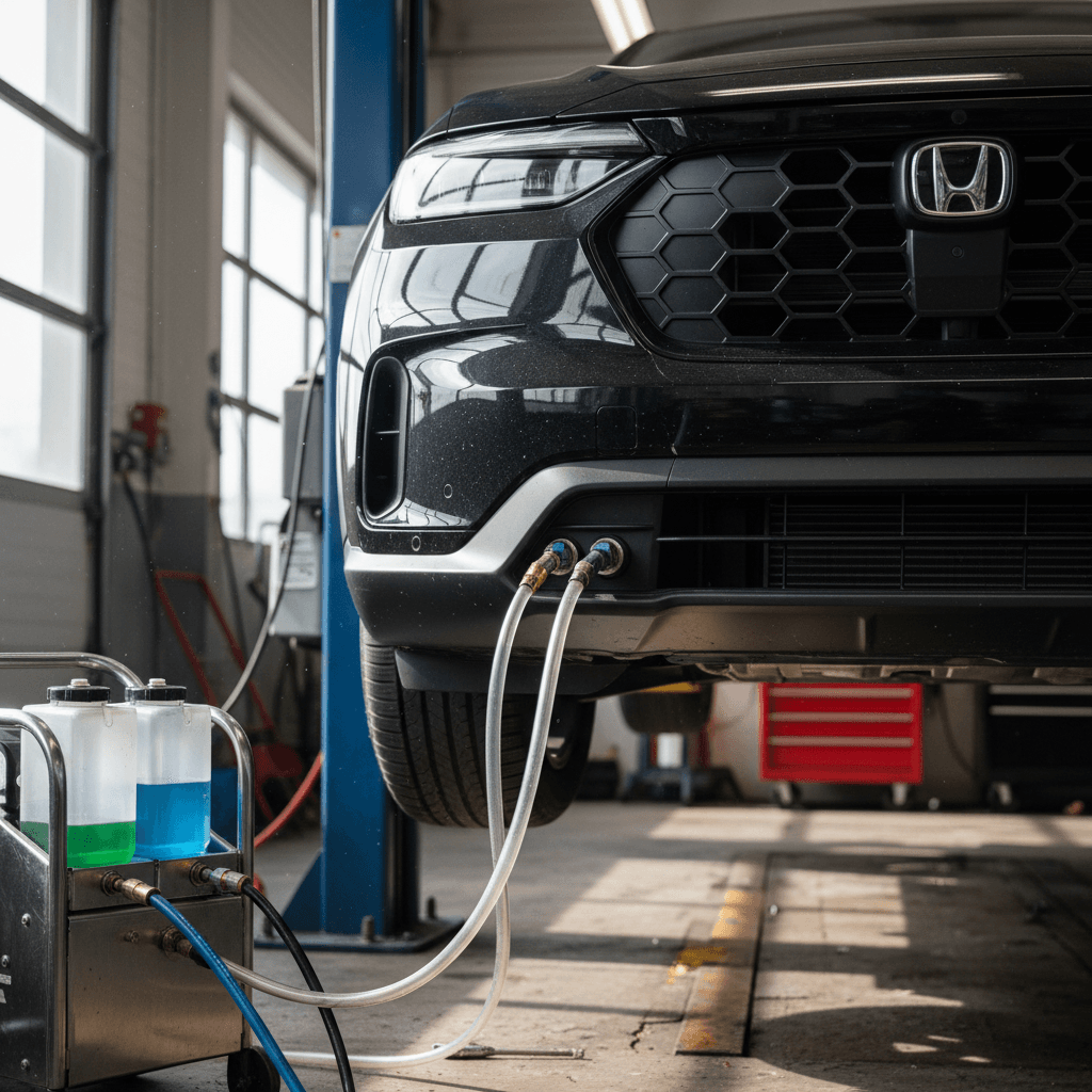 Technician attaching a coolant service machine to a Honda Prologue in a service bay