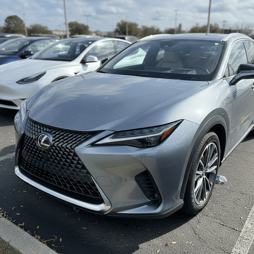 Used Lexus RZ 450e electric SUVs parked in a dealer lot, highlighting resale value considerations