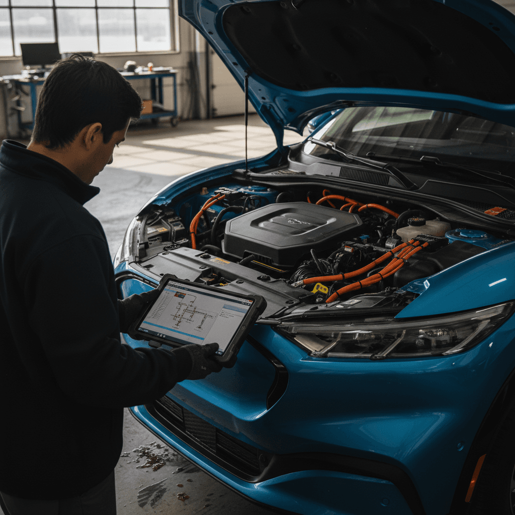 Technician checking a Ford Mustang Mach-E in a service bay, focusing on diagnostic equipment and wiring