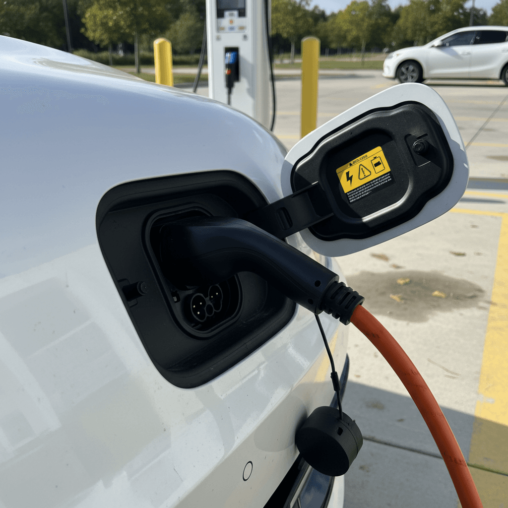 Close-up of a Kia EV6 charging port and high-voltage battery warning label while plugged into a fast charger