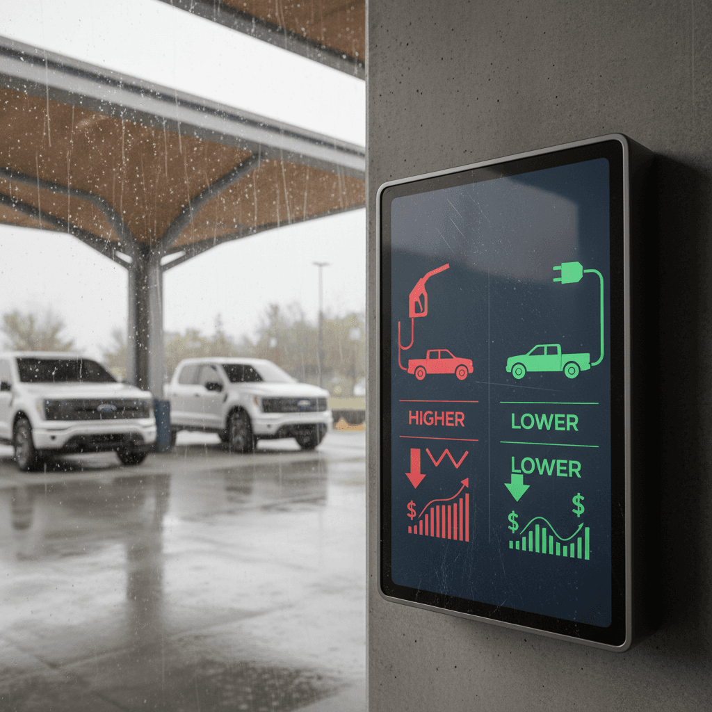Side-by-side comparison graphic of gas pump and electric plug icons highlighting per-mile energy costs for Ford F-150 and F-150 Lightning