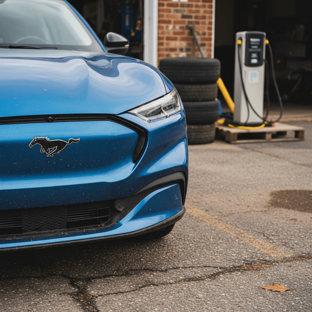 Ford Mustang Mach‑E in bright Grabber Blue Metallic parked at an angle in a city street