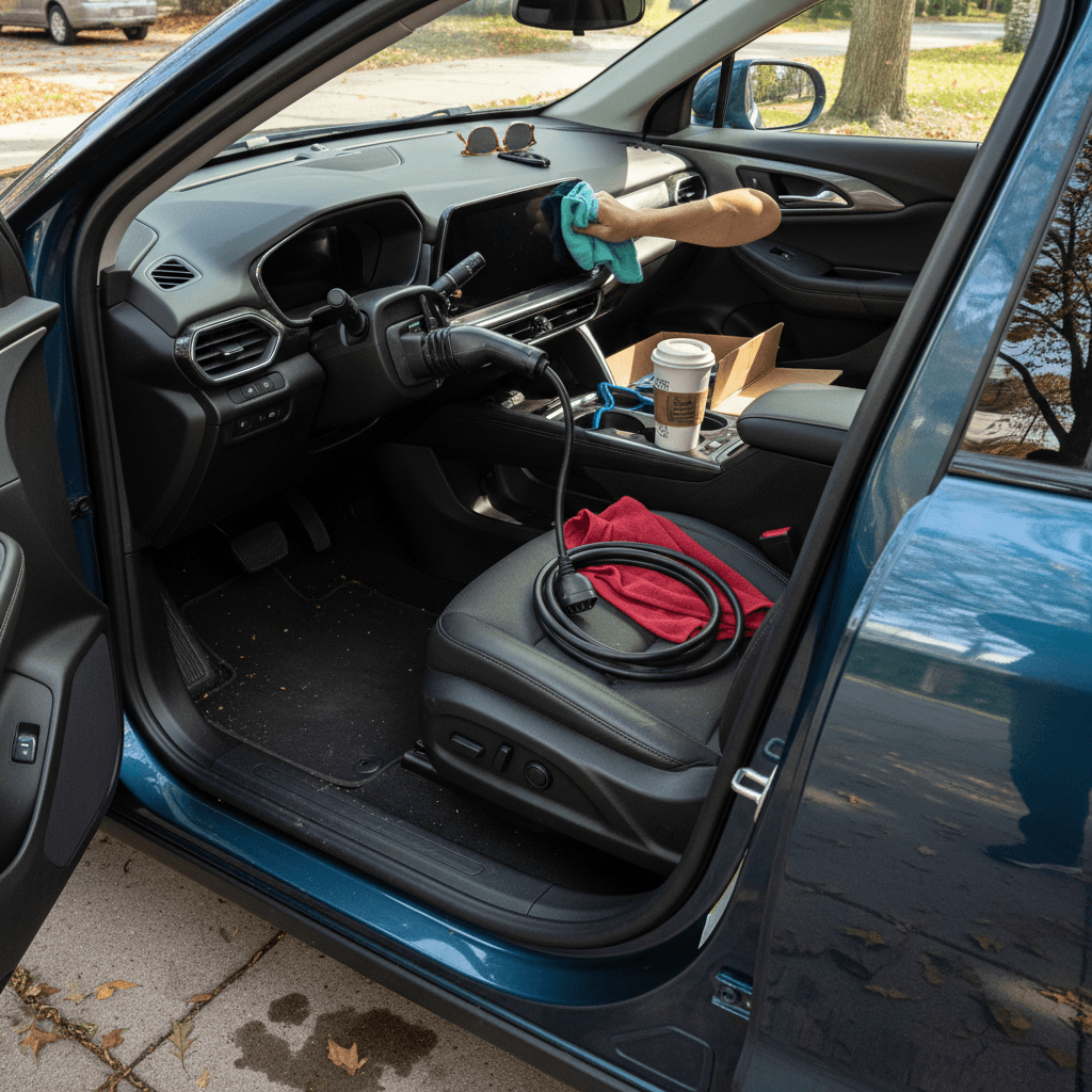 Owner vacuuming a Chevrolet Blazer EV interior with the charging cable coiled neatly nearby