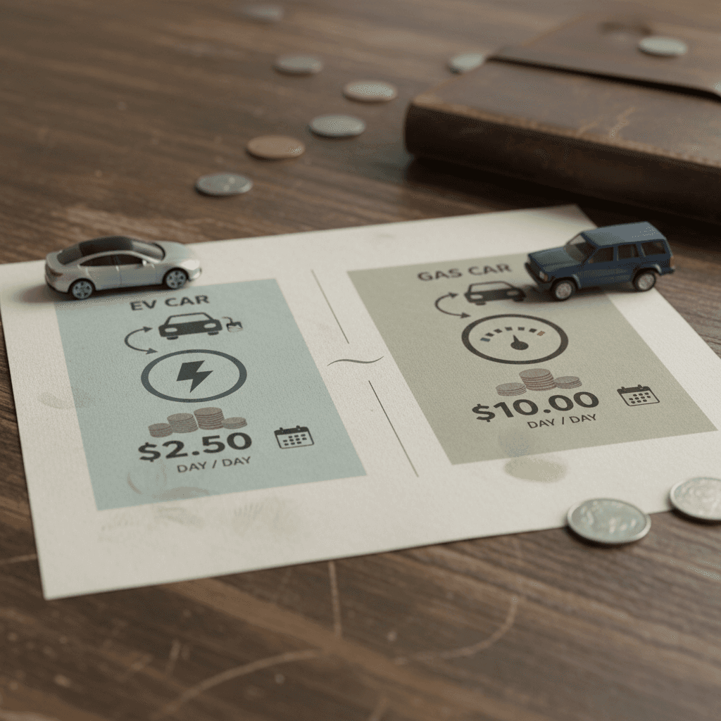 Side-by-side comparison chart showing daily and yearly commuting fuel costs for an electric car and a gas car over a 30-mile round-trip commute.