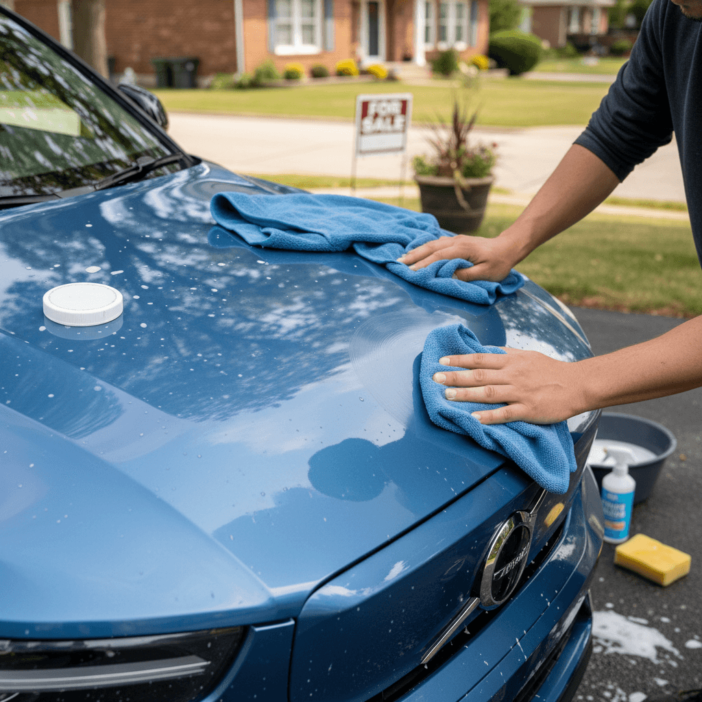 Owner cleaning a blue Volvo C40 Recharge in a driveway before photographing it for sale