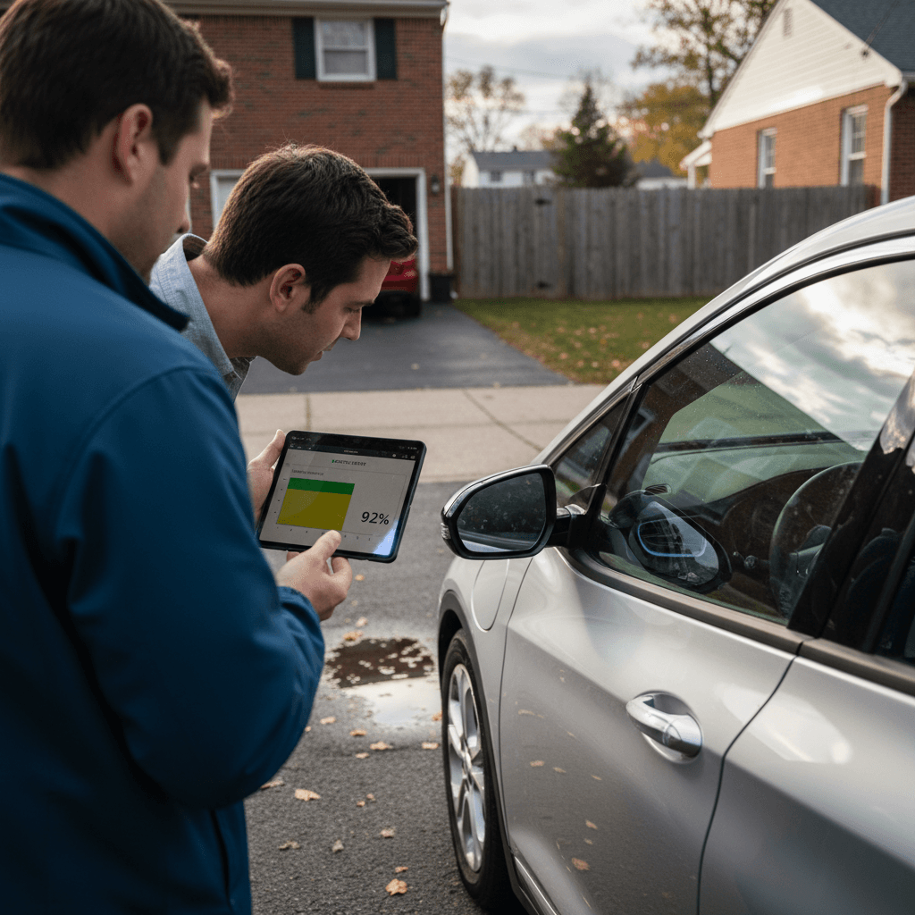 Prospective buyer and seller reviewing a Chevrolet Bolt EV battery health report on a tablet next to the car