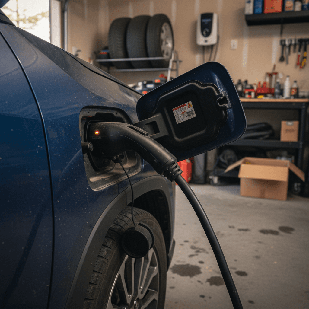 Plug-in hybrid SUV charging in a home garage on a Level 2 charger