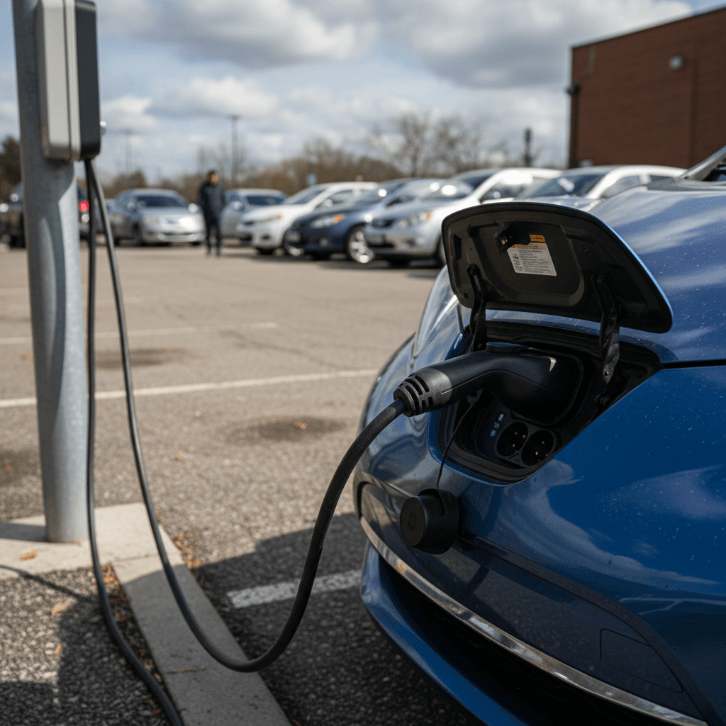Compact used electric hatchback plugged into a Level 2 charger in a city parking lot
