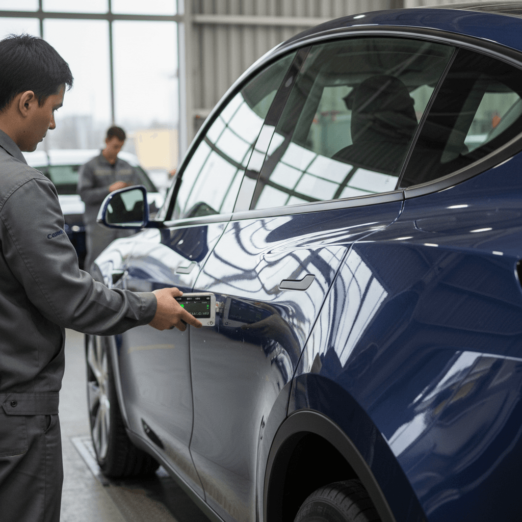 Technician checking Tesla Model Y panel gaps and trim alignment during inspection