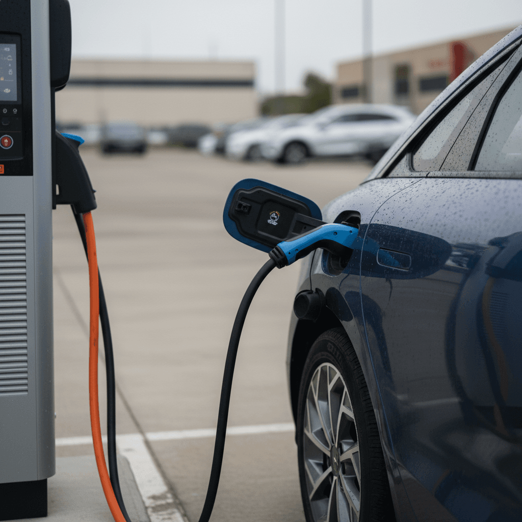 2023 Hyundai Ioniq 6 plugged into a DC fast charger, showing its charge port and sleek side profile
