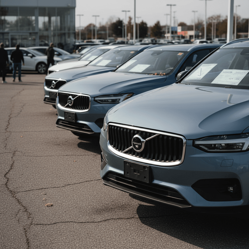 Row of used Volvo EX90 SUVs lined up on a dealer lot with price stickers in the windows