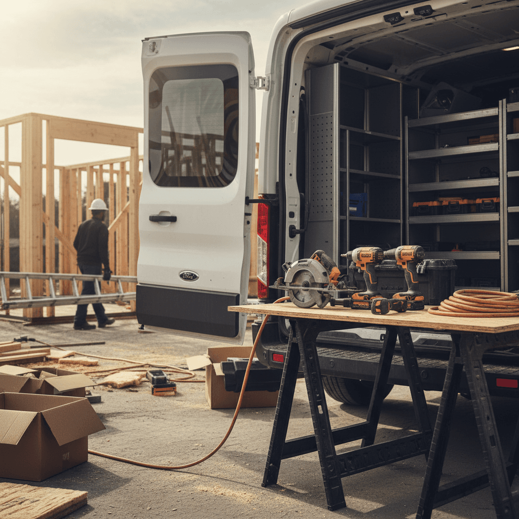 Electric cargo van unloading tools and equipment at a commercial jobsite